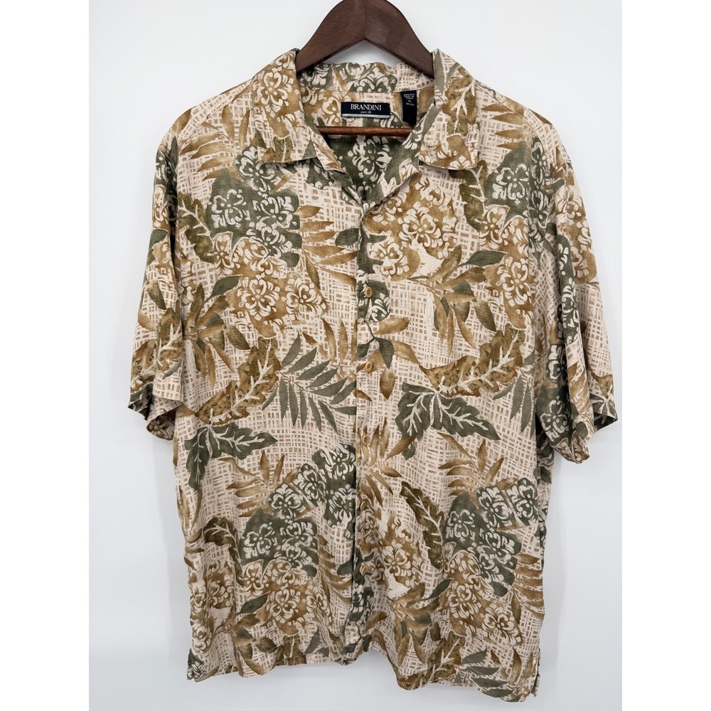 Brandini Silk Shirt Men XL Green Tan Tropical Floral Camp Aloha Good Relaxed Fit